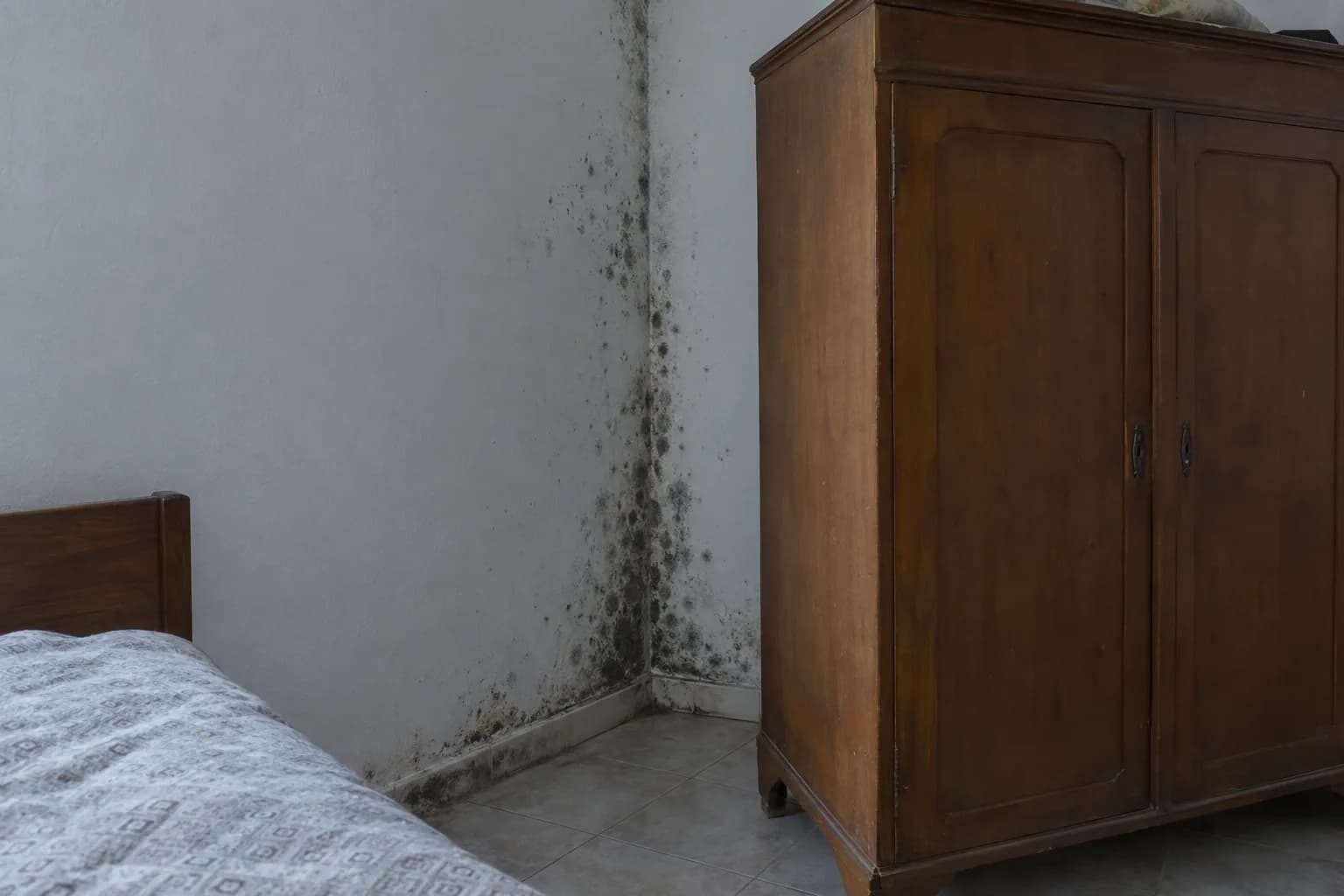 Canto de um quarto num apartamento antigo, com manchas escuras de bolor a subir pela parede e ao longo do rodapé, ao lado de um roupeiro de madeira encostado à parede