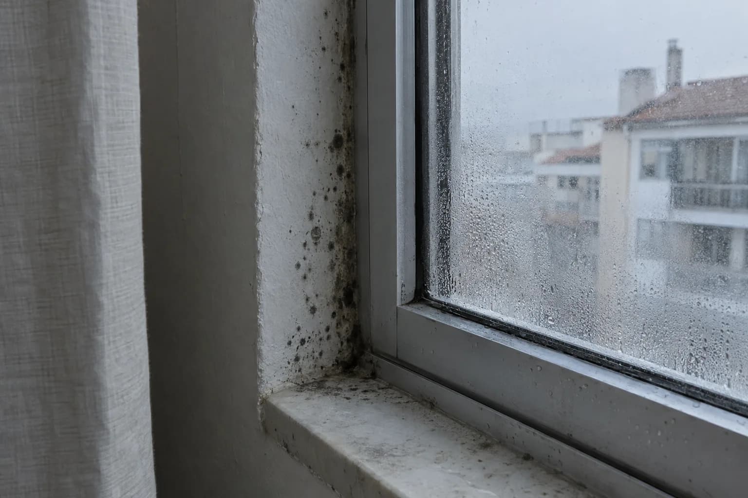 Ombreira de uma janela com caixilho de alumínio, gotas de condensação no vidro e manchas escuras de bolor na parede junto ao caixilho e no peitoril de pedra
