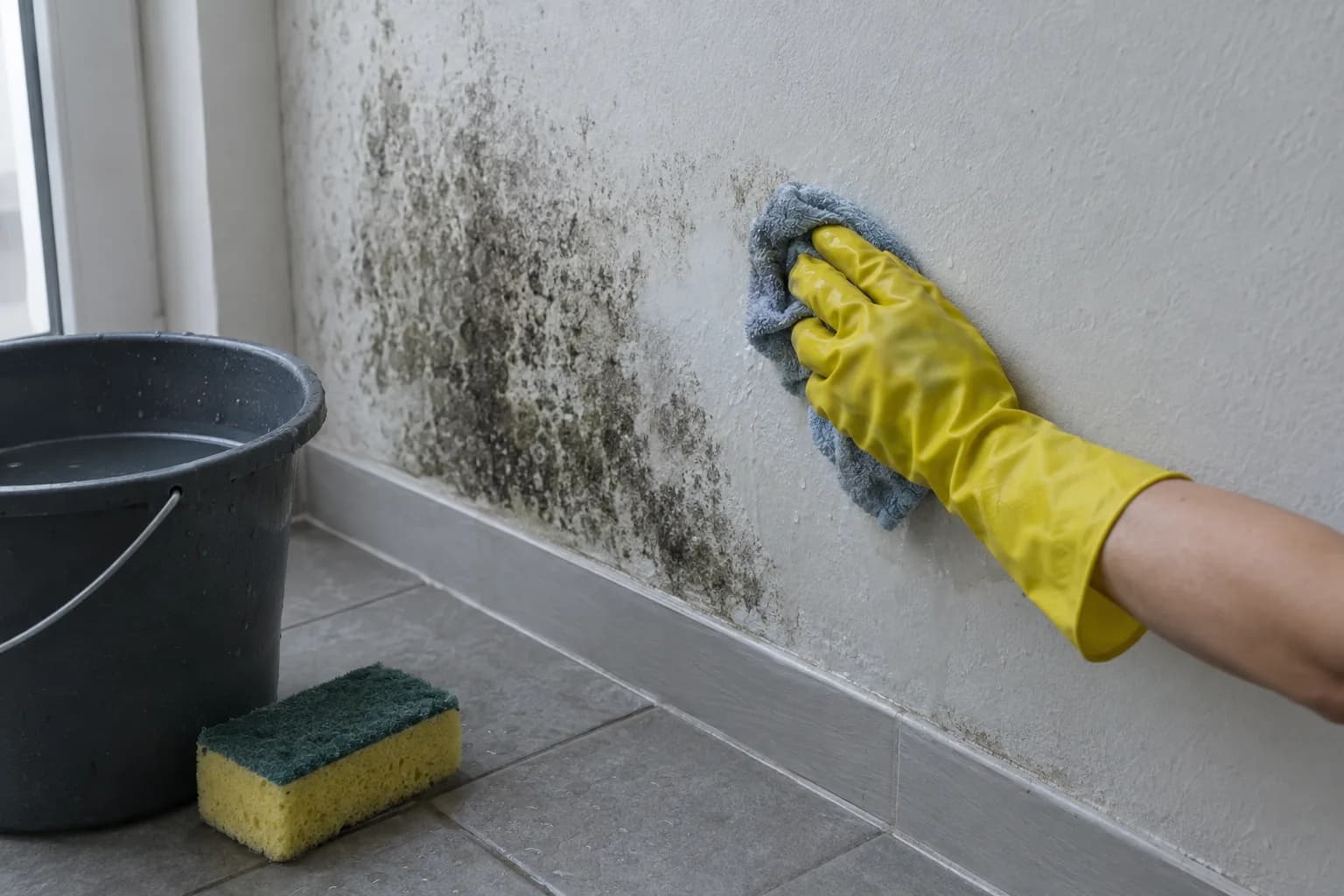 Mão com luva de borracha amarela a passar um pano numa parede com uma mancha de bolor, ao lado de um balde e de uma esponja no chão