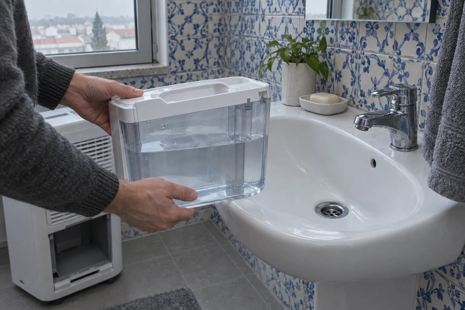 Mãos, sem rosto visível, a levar o depósito de água transparente de um desumidificador para um lavatório branco numa casa de banho com azulejos azuis e brancos