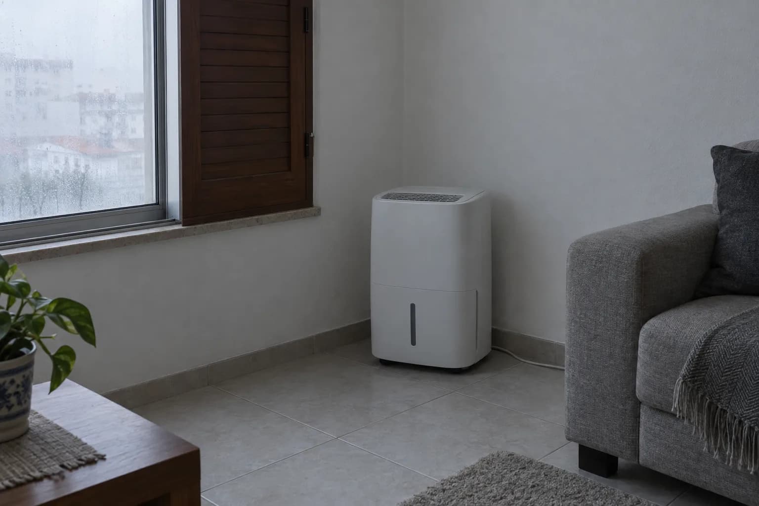 Desumidificador portátil branco, sem marcas, no canto de uma sala de um apartamento, sobre chão de ladrilho, junto a uma janela com o vidro embaciado e um postigo de madeira fechado