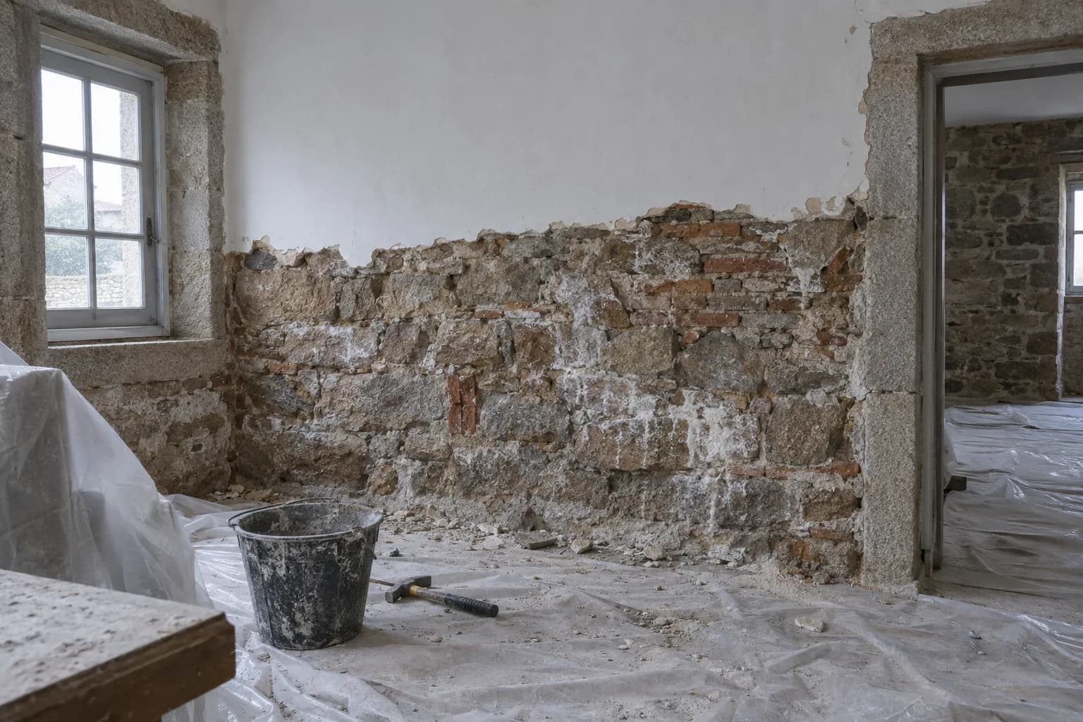 Divisão de uma casa de pedra em obras, com o reboco retirado até meia altura da parede, a alvenaria à vista com manchas de sais brancos e plástico a proteger o chão