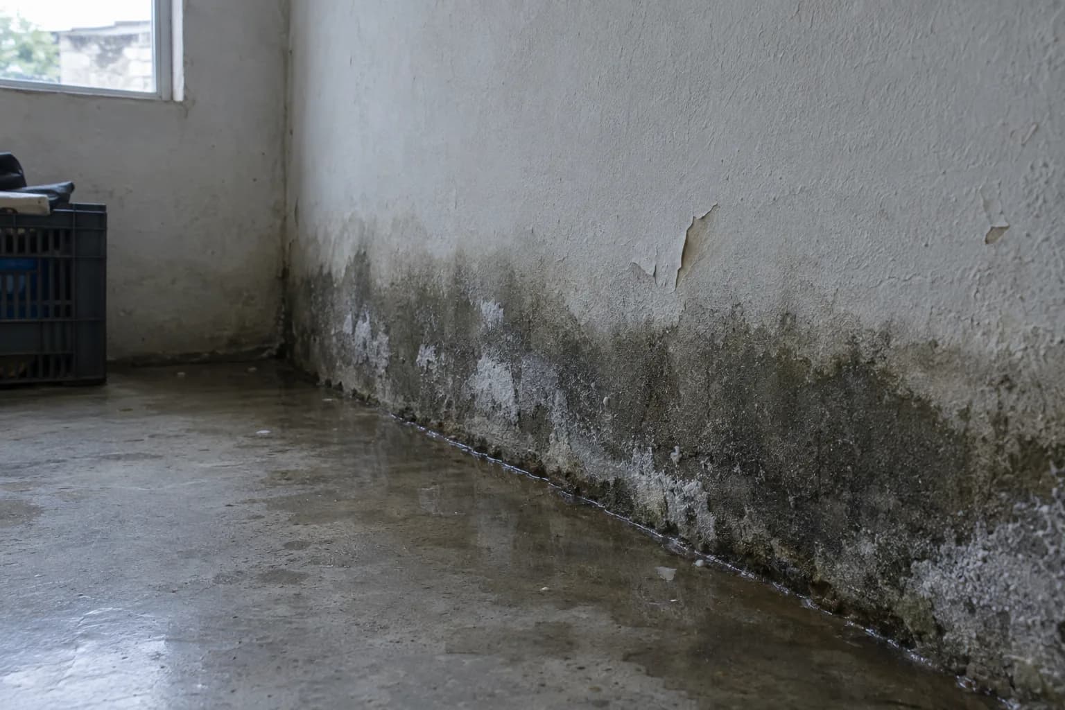 Junta entre o chão de betão e a parede de uma cave, com uma película de água ao longo da base, mancha escura húmida na parte de baixo da parede e sais brancos