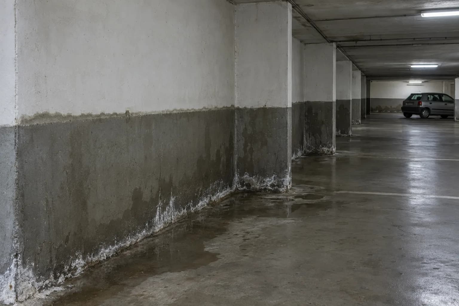 Piso de garagem subterrânea de um prédio, com a metade de baixo das paredes escurecida pela humidade, sais brancos na base e poças junto à parede