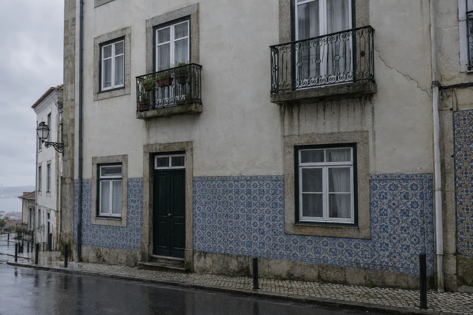 Fachada de um prédio antigo em dia de chuva, com reboco molhado, escorrências sob as varandas e uma fissura junto ao canto de uma varanda