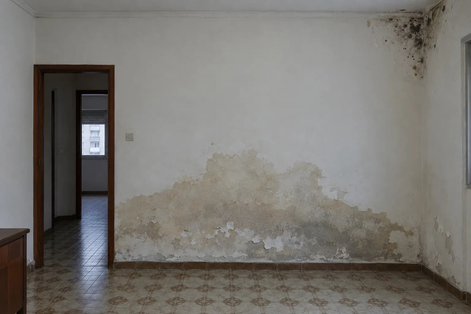 Parede de uma sala num apartamento antigo, com uma mancha de humidade e tinta a descascar na parte de baixo e bolor no canto de cima
