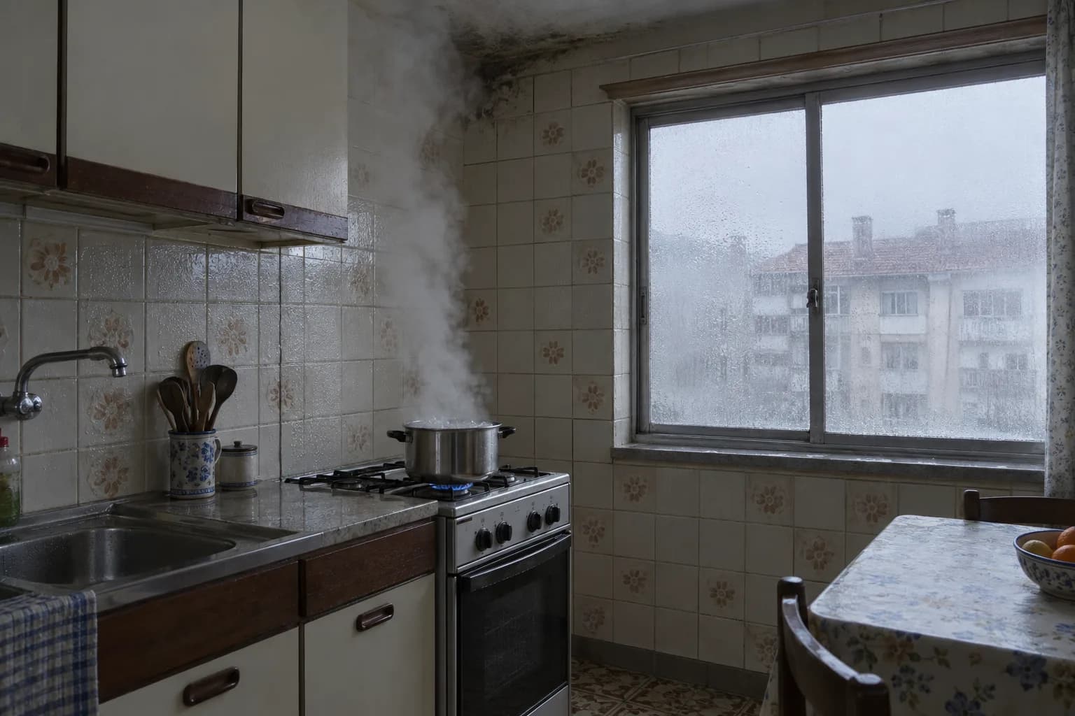 Cozinha de um apartamento antigo, com uma panela a ferver num fogão a gás e vapor a subir até ao teto, azulejos e vidro da janela embaciados e uma mancha escura no canto do teto, sem exaustor sobre o fogão