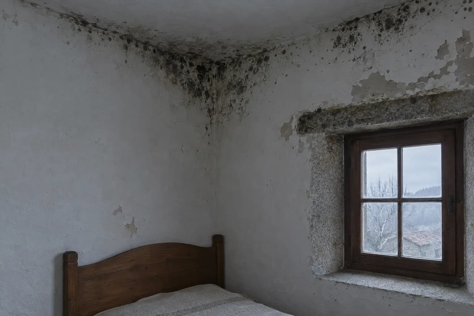 Canto de um quarto numa casa de granito do norte, com manchas escuras de bolor ao longo do encontro da parede com o teto e por cima da janela, tinta a descascar e uma cabeceira de cama de madeira encostada à parede