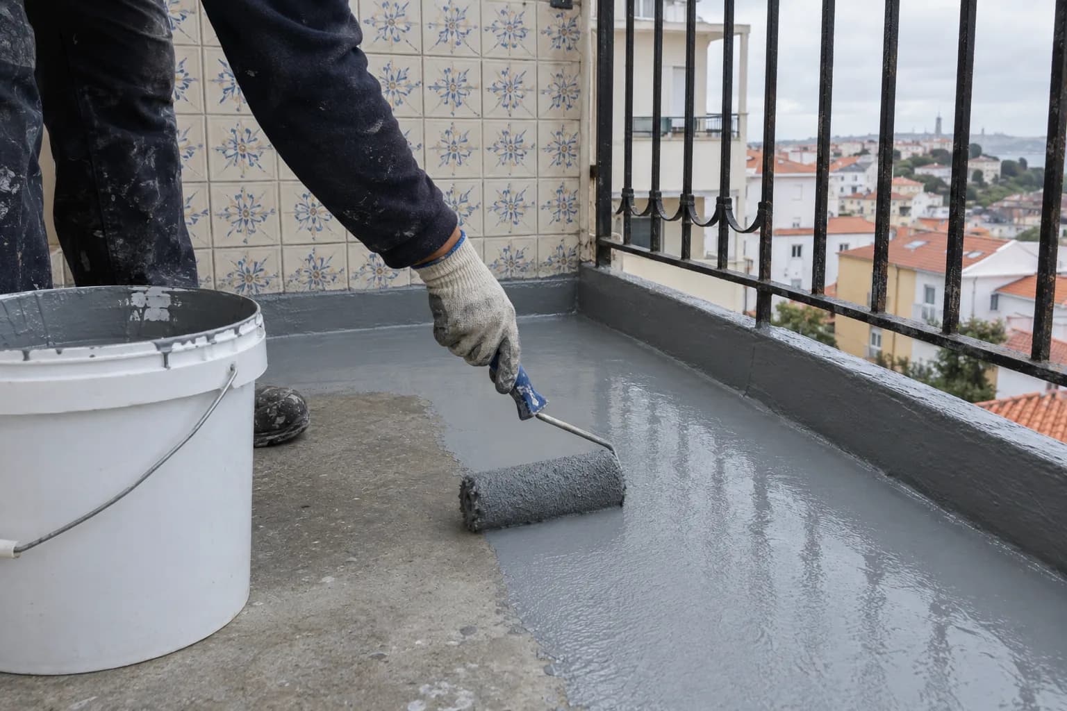 Mãos com luvas a aplicar com um rolo uma camada cinzenta no chão de uma varanda pequena, com um balde aberto ao lado