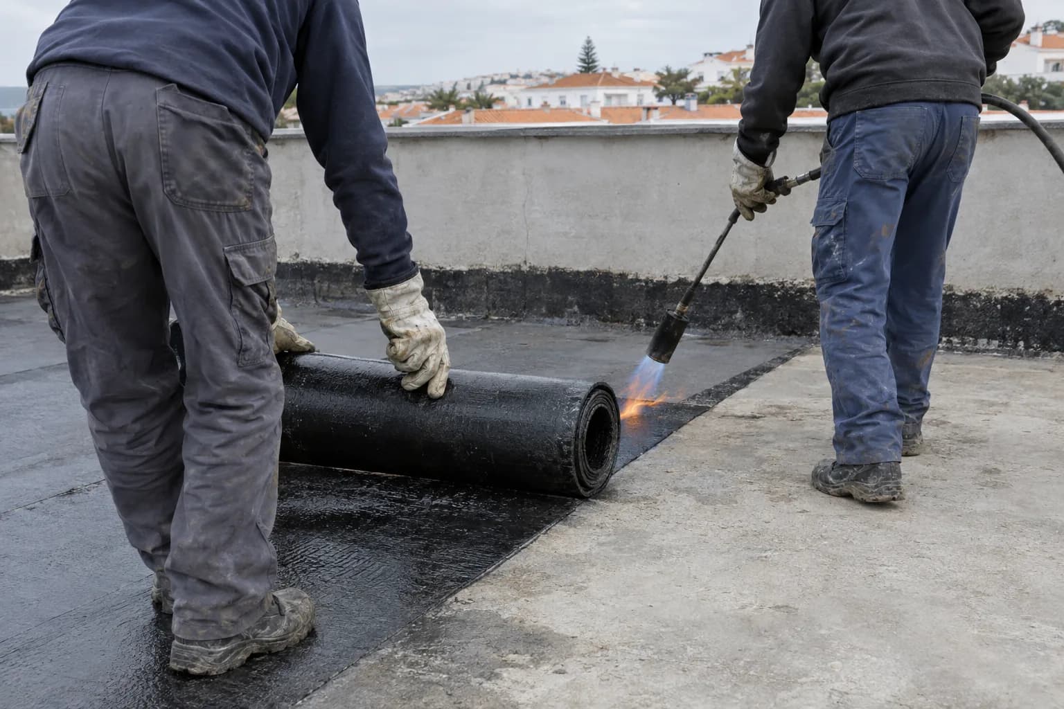 Trabalhadores com luvas a desenrolar e soldar uma tela asfáltica sobre uma laje de betão, junto a uma platibanda