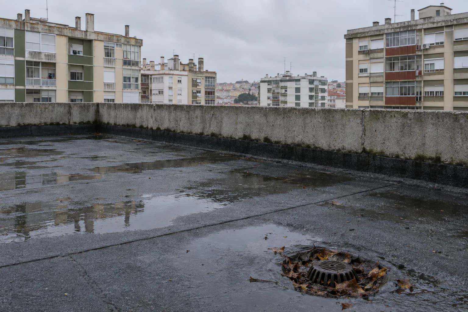Cobertura plana de um prédio em Lisboa depois da chuva, com poças na membrana, um ralo com folhas molhadas e a platibanda manchada