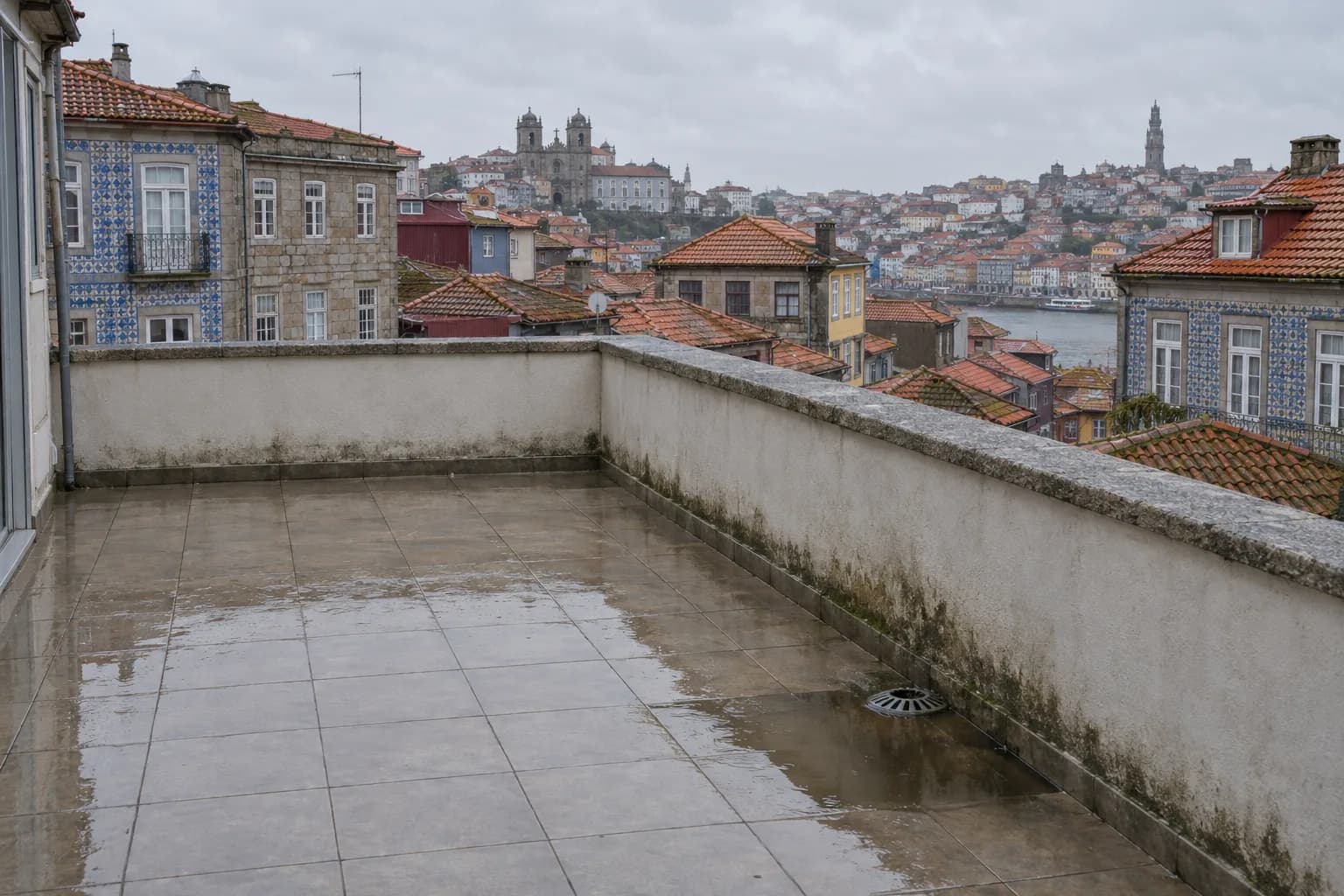 Terraço de um prédio no Porto depois da chuva, com ladrilho molhado, água parada junto ao ralo e a platibanda manchada por humidade, com telhados e fachadas de azulejo ao fundo