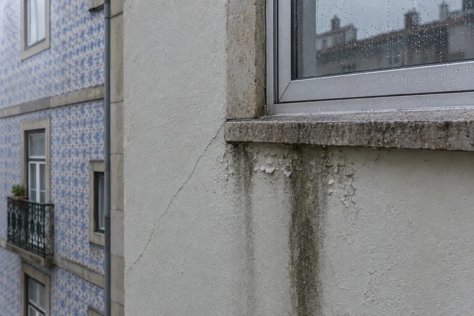 Fachada rebocada de um prédio antigo em dia de chuva, com uma fissura a descer do canto da janela, escorrências escuras por baixo do peitoril de pedra e tinta a empolar, ao lado de uma fachada de azulejo