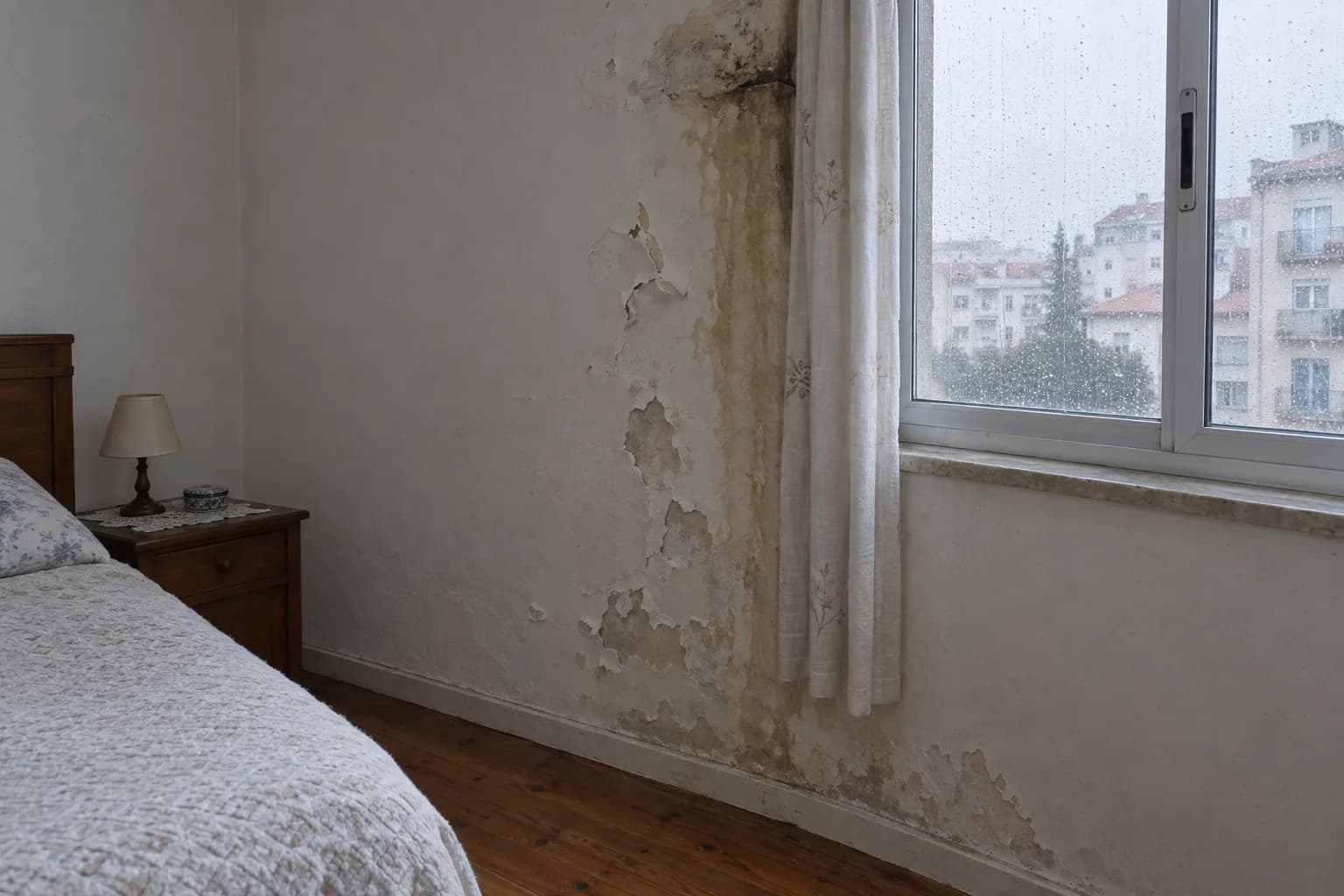 Quarto de uma casa antiga com a parede junto à janela manchada de castanho e com a tinta a descascar, e chuva nos vidros