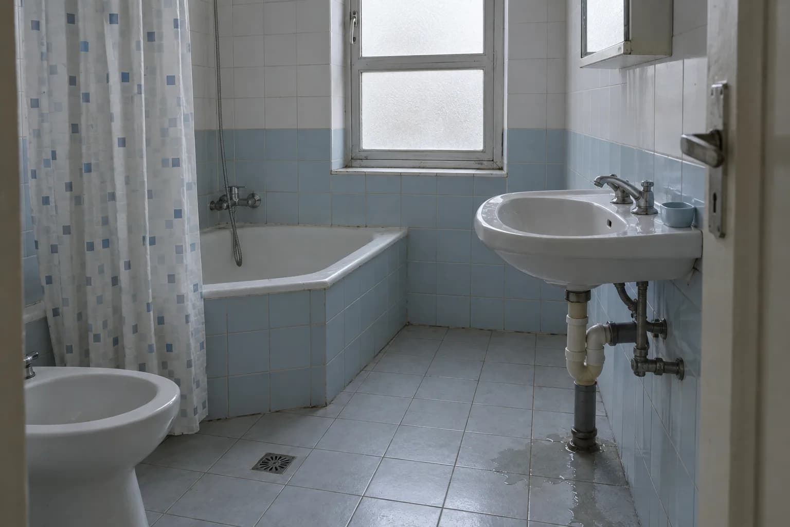 Casa de banho antiga com azulejos azuis, uma banheira e um lavatório, com a tubagem à vista e uma poça de água no chão junto ao cano