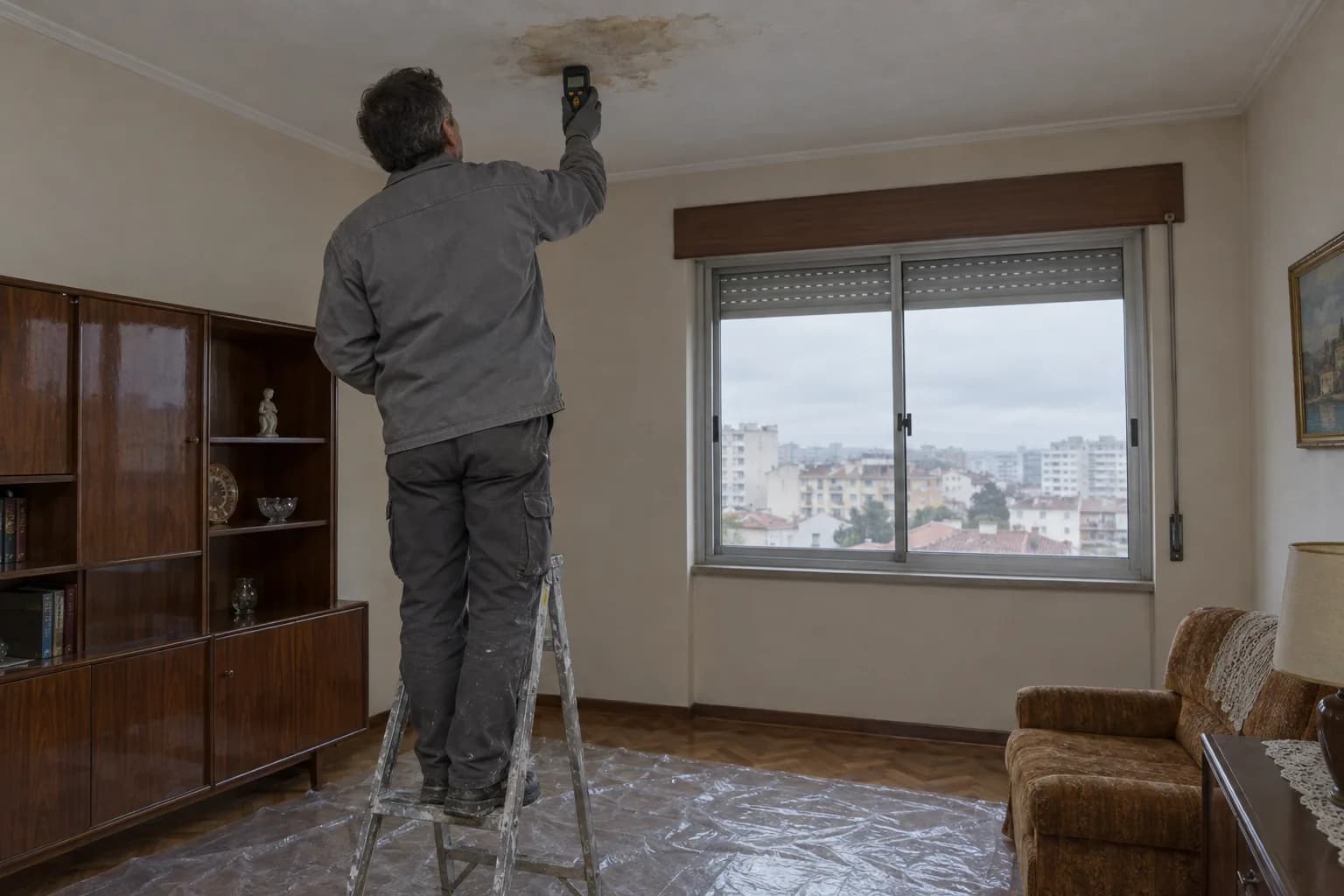 Profissional de costas, em cima de uma escada pequena, a encostar um medidor de humidade a uma mancha no teto de uma sala, com o chão coberto por um plástico