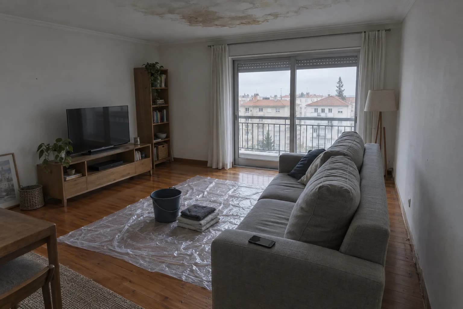 Sala de um apartamento com o chão protegido por um plástico, um balde e panos dobrados, por baixo de uma mancha no teto