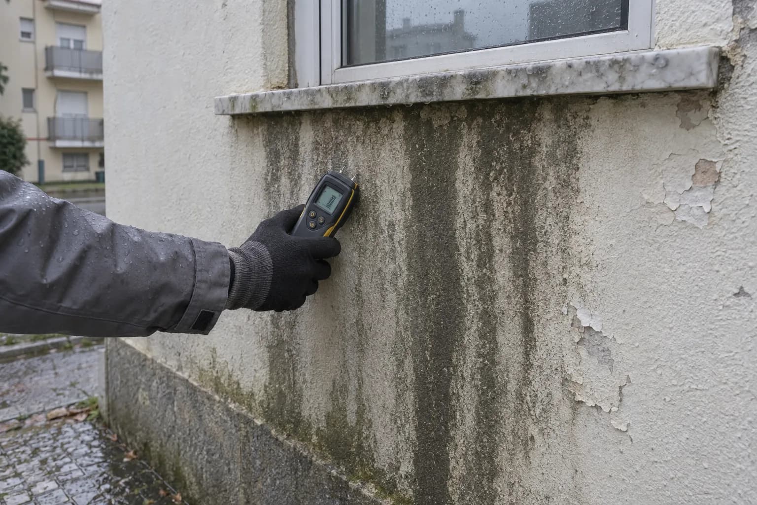 Mão com luva a encostar um medidor de humidade a uma fachada rebocada, por baixo de um peitoril de pedra, com escorrências escuras e tinta a descascar