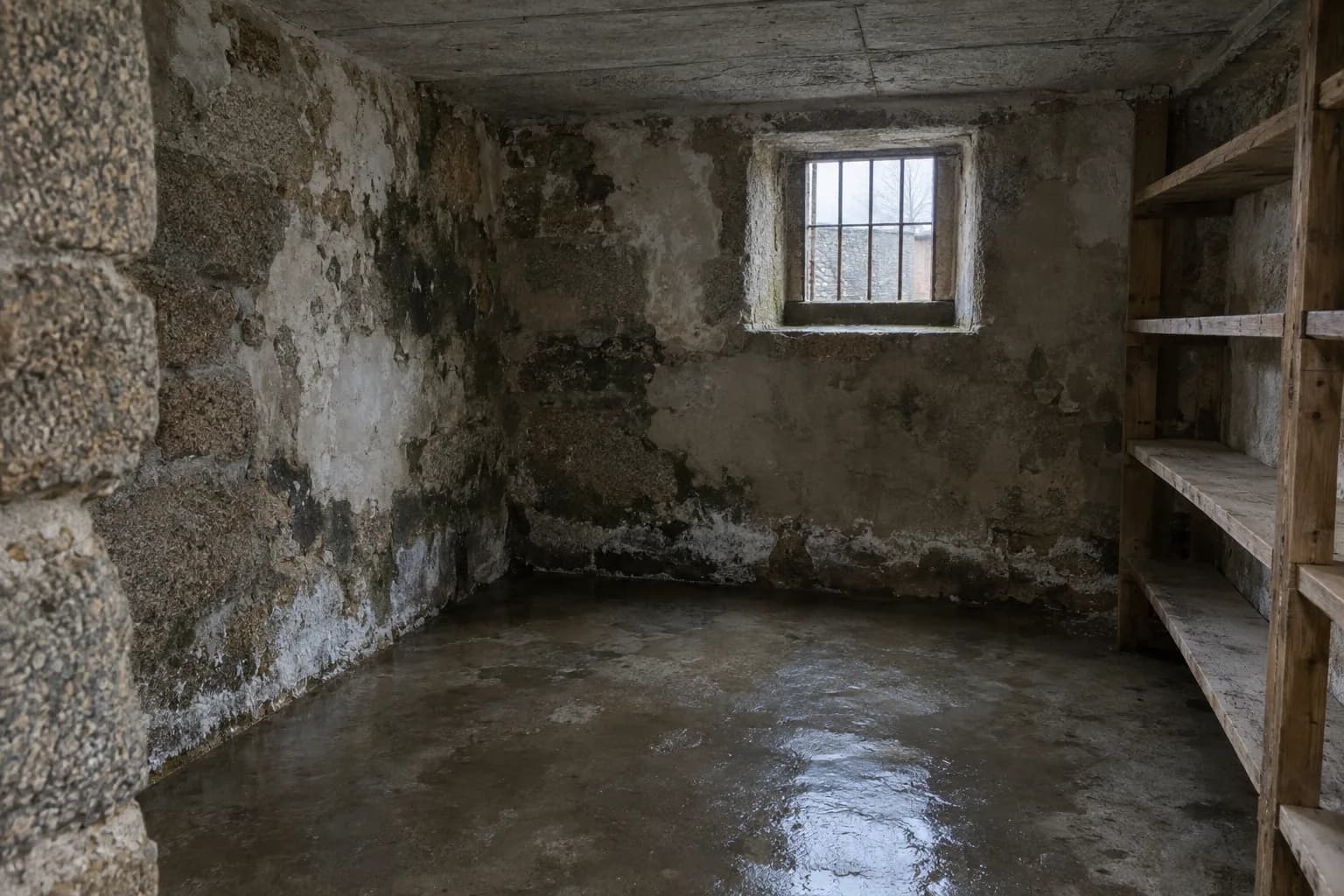 Cave de uma casa antiga em granito, com paredes manchadas de humidade e sal, chão molhado e uma janela com grades