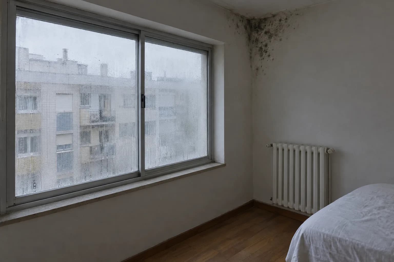 Quarto de um apartamento antigo com condensação no vidro da janela de alumínio e bolor no canto da parede