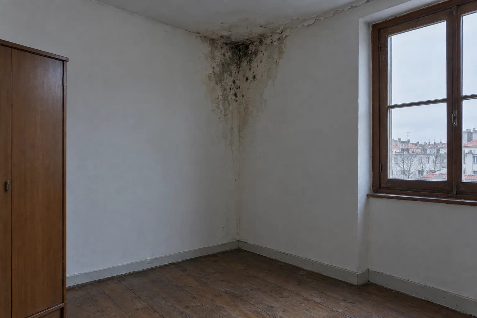 Canto de um quarto de um apartamento antigo, com mancha escura de humidade e bolor junto ao teto e tinta a descascar