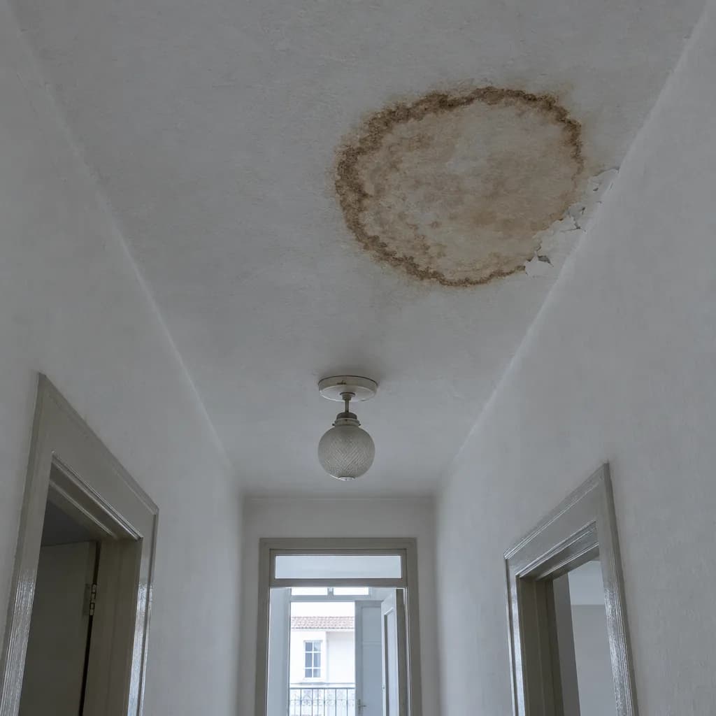 Teto branco de um corredor com uma mancha castanha de contorno mais escuro e tinta a descascar junto à borda