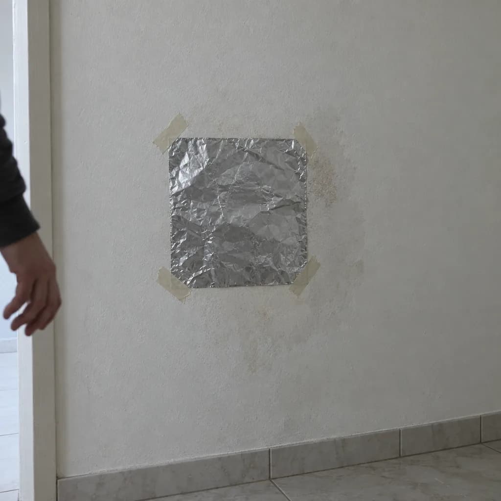Parede pintada de um apartamento com uma folha de alumínio colada com fita-cola sobre uma zona ligeiramente manchada