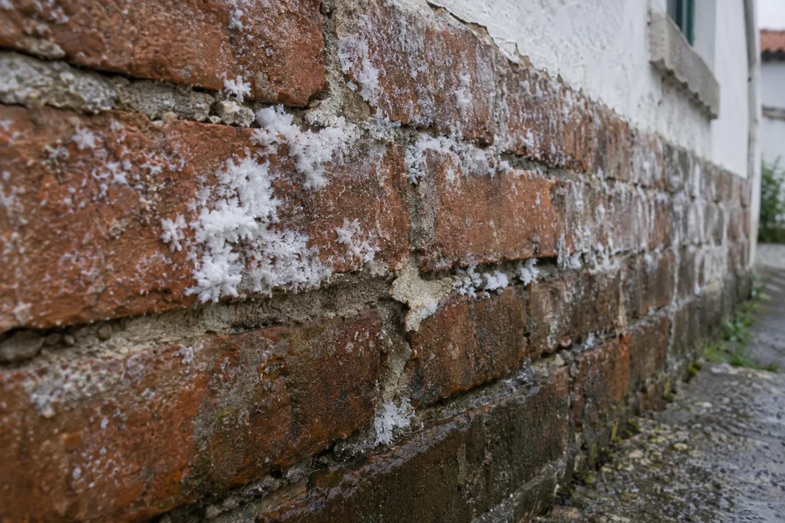 Parede de tijolo e argamassa na base de uma casa, com cristais brancos de sais nos tijolos e nas juntas e a parte de baixo mais escura e húmida