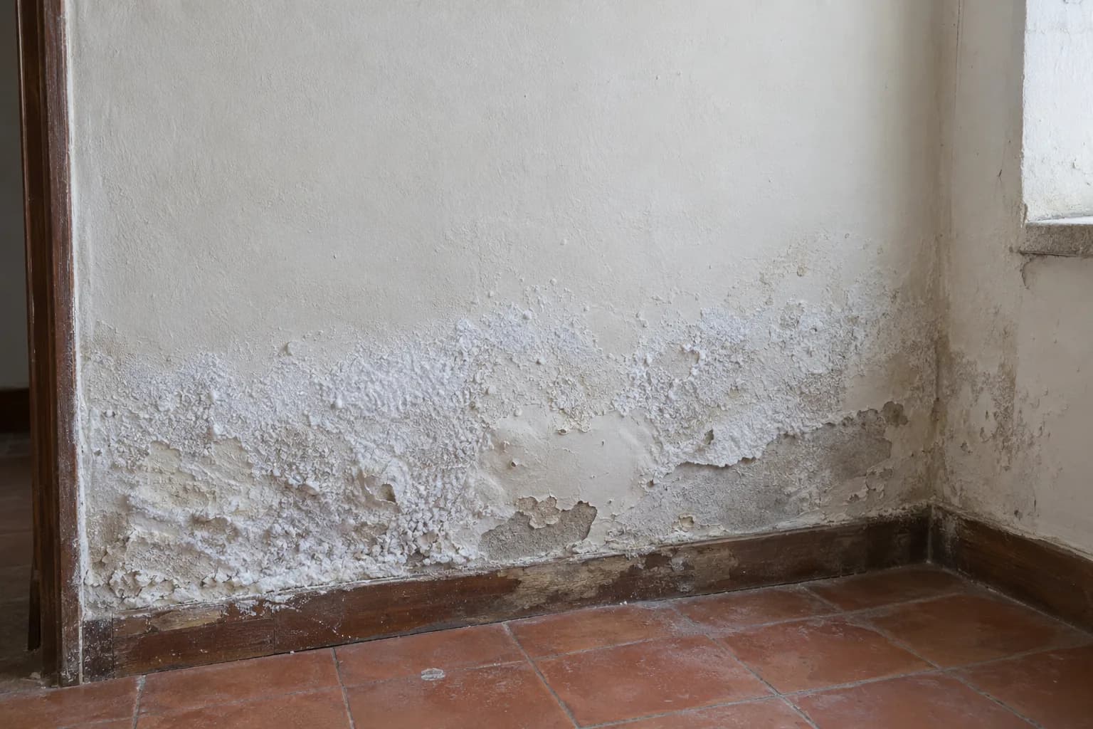 Parede interior de uma casa antiga com uma crosta de sais brancos na parte de baixo, tinta a empolar e reboco a desfazer-se junto ao rodapé de madeira