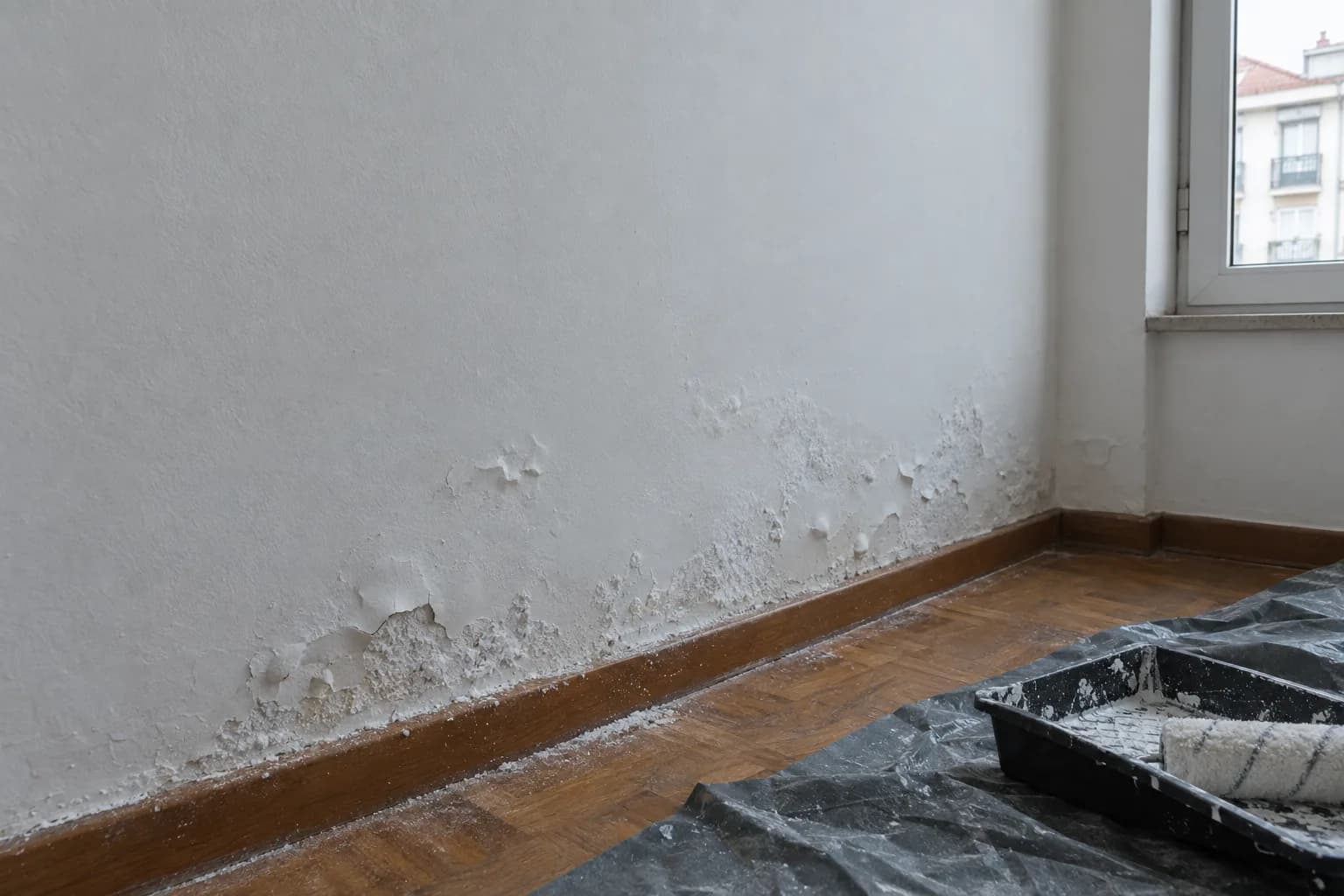 Parede branca pintada há pouco, com sais brancos e bolhas de tinta a surgir na parte de baixo e pó caído sobre o rodapé e o chão